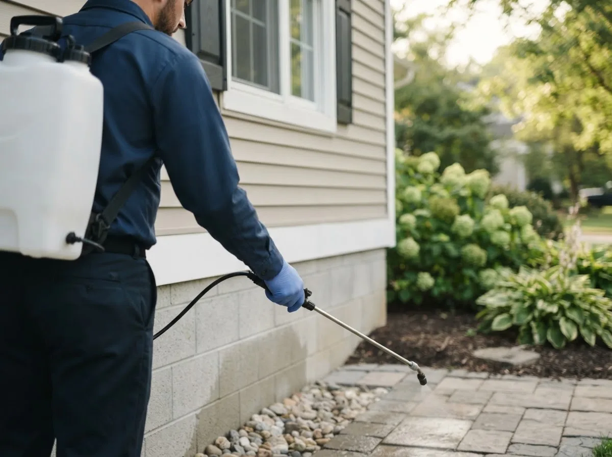 Pest control technician inspecting a home in Hustisford, WI